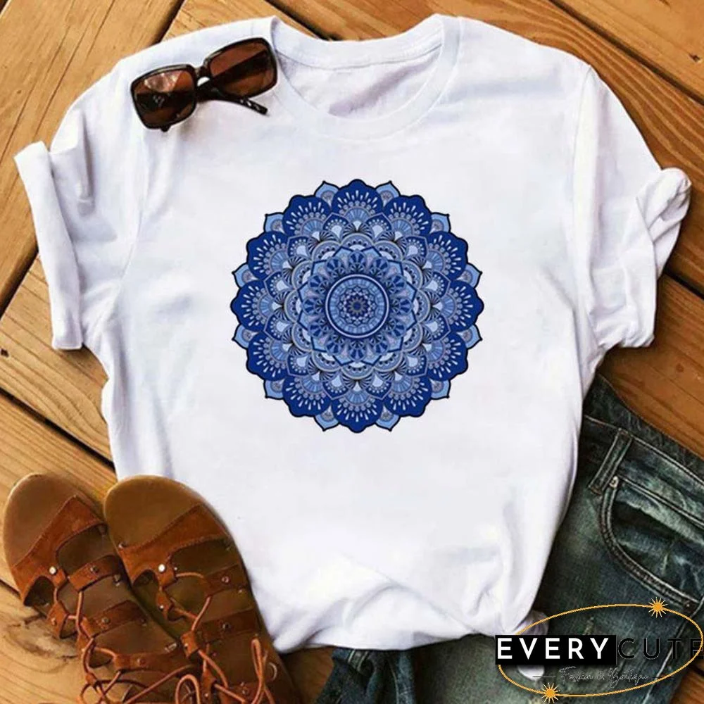 Maycaur New Mandala Floral Printed T Shirt Women Casual Fashion T-shirt Loose Short Sleeve 90s Girls Aesthetics Black Tshirt Top