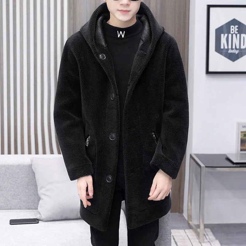 Men's clothing Hooded Double-sided Fur Lamb Coat Handsome New Autumn Winter The Long Black Blue Keep Warm Couples 2021 Fashion