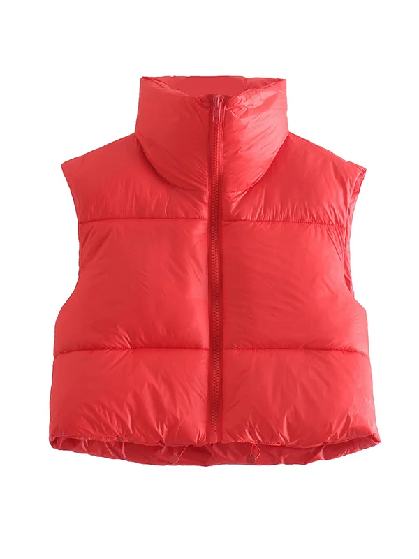 Skinny Sleeveless Solid Color Zipper Stand Collar Padded Vest Vest Top