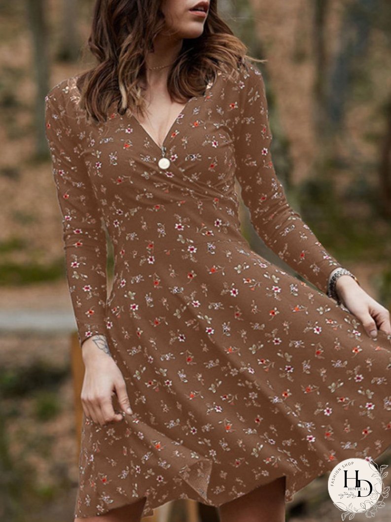 Dresses Floral Long Sleeve V-Neck Mini Dress for Women