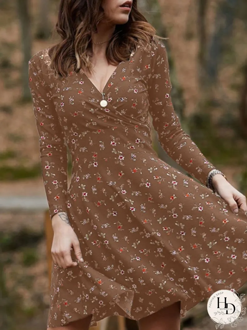 Dresses Floral Long Sleeve V-Neck Mini Dress for Women