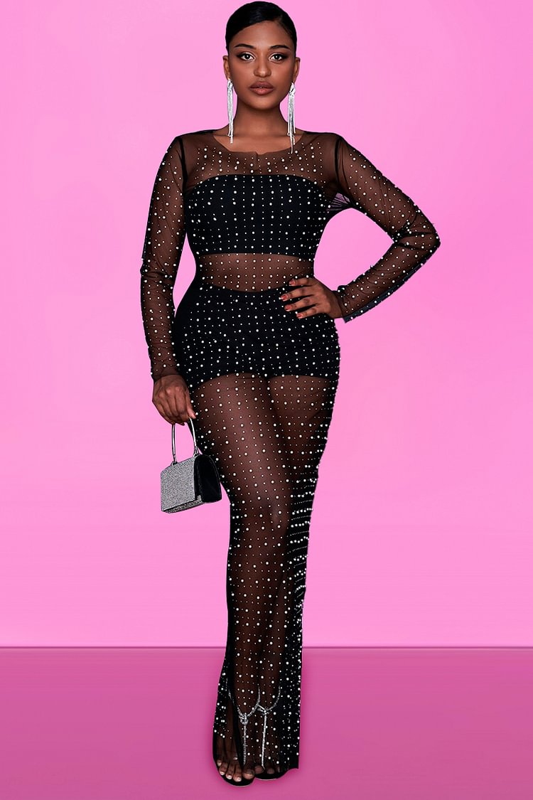 Xpluswear Design Plus Size Black Party See-through Acrylic Pearl Mesh Maxi Dress (Without Inside) [Pre-Order]