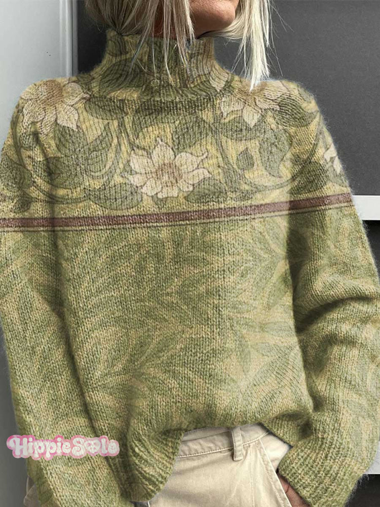 Vintage Floral Print Knit Turtleneck Pullover Sweater Multicolor / S