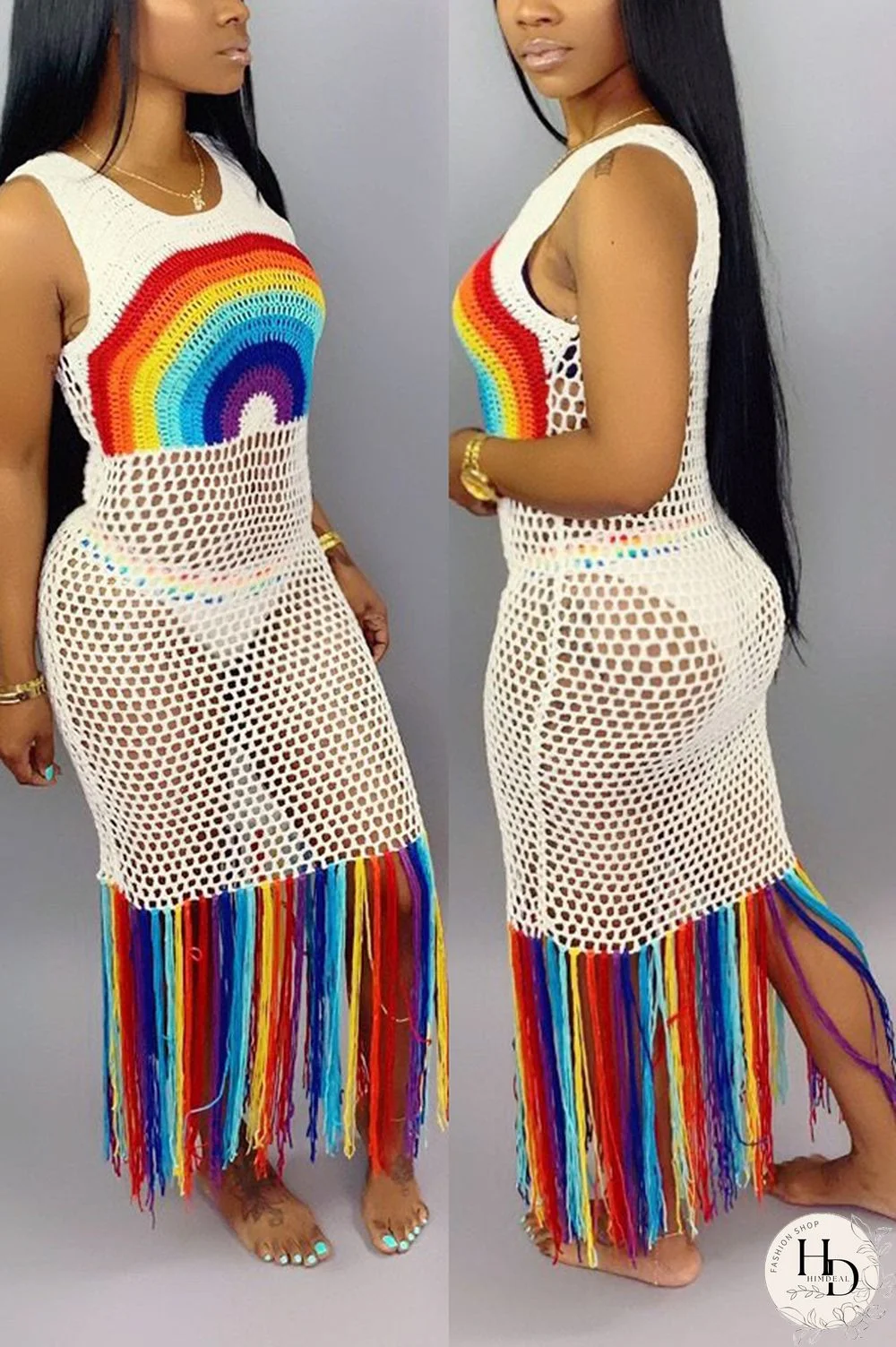 White Fashion Sexy Mesh Print Beach Dress