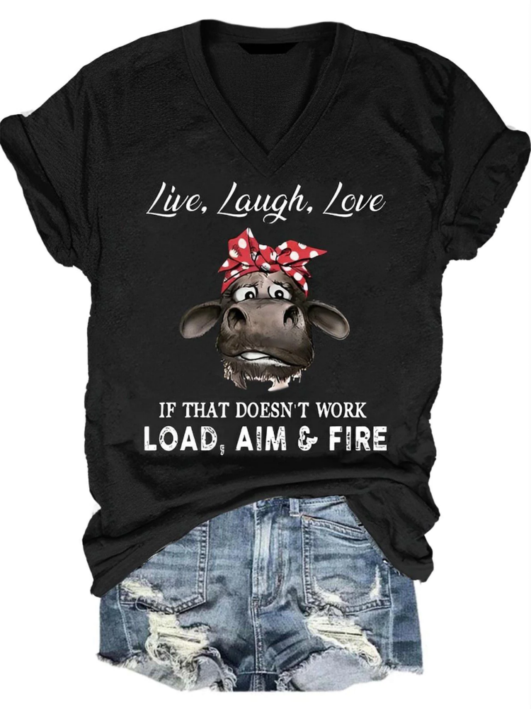 Live Laugh Love Cow Print V-Neck T-Shirt wearshes