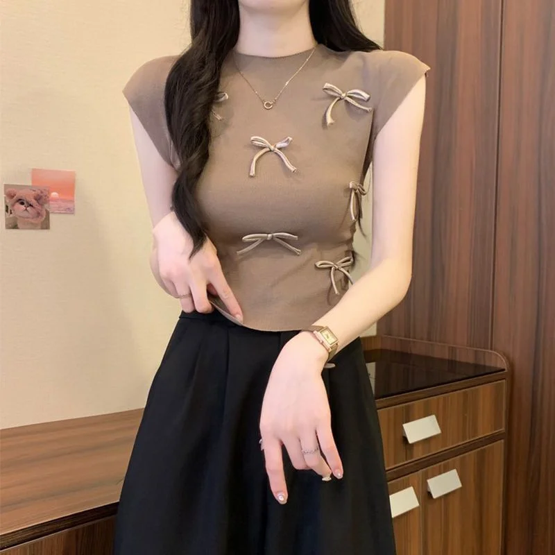 Uveng Uveng Wind Gentle Niche Bow High-Neck Short Sleeve New T-Shirt Summer Slimming Short Blouses Ins