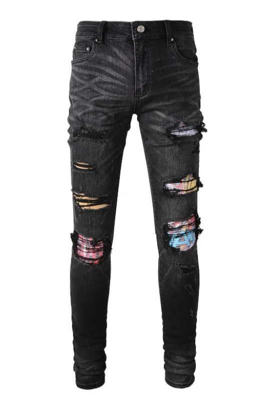 Men's Black Ripped Jeans Multi-level Patch Ripped Biker Jeans Motorcycle Jeans Rapper Hip Hop Jeans