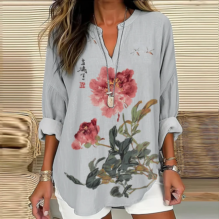 Vintage Japanese Ink Flower Calligraphy Art Print Casual Shirt