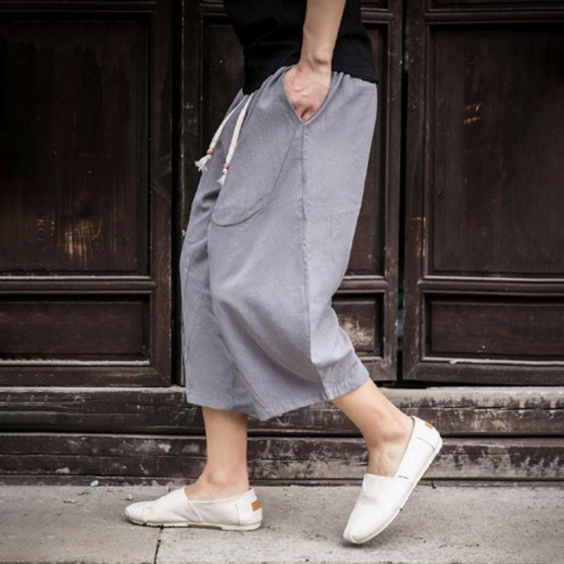 menweary Men's Vintage Pocket Cotton Linen Wide Leg Loose Cropped Pants