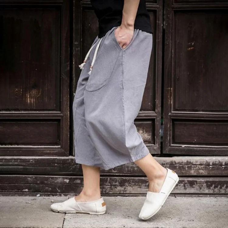 Men's Vintage Pocket Cotton Linen Wide Leg Loose Cropped Pants