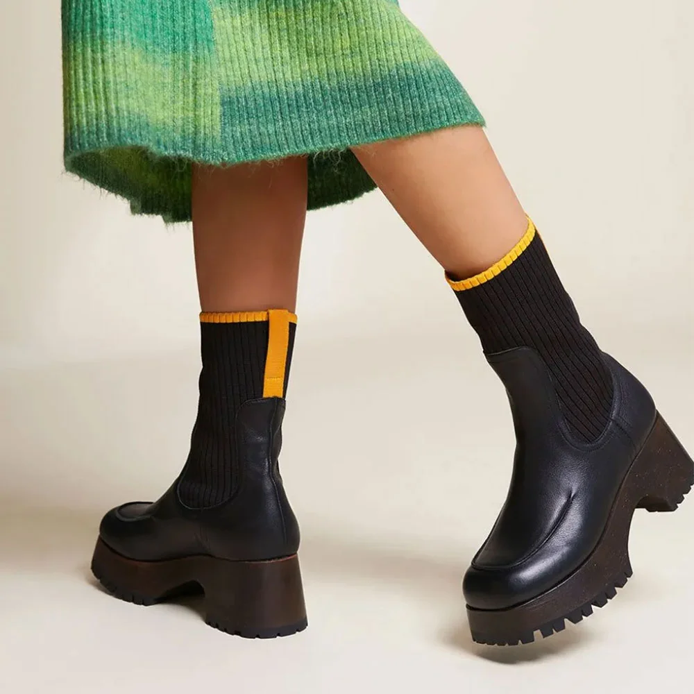 Fashion Black Square Toe Chunky Mid Heel Knit Platform Booties