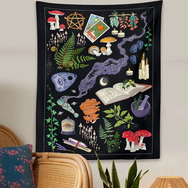 Tarot Mushrooms Tapestry Wall Hanging Moon Starry Botanical Chart Hippie Bohemian Tapestry Psychedelic Witchcraft Home Decor