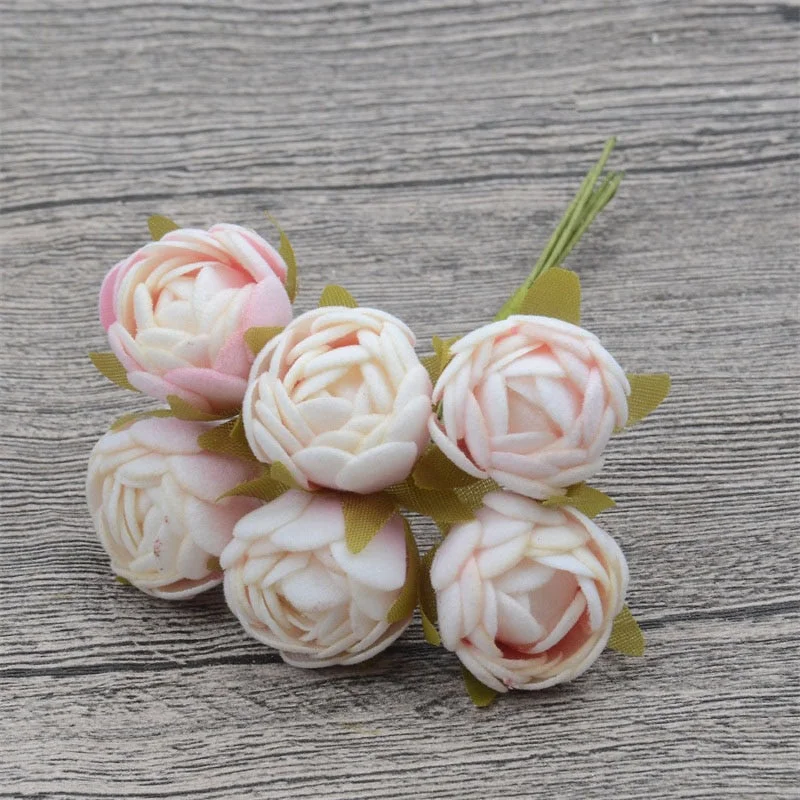 60pcs Mini Silk Tea Rose Bud Artificial Rose Flower Bouquet Scrapbooking Wedding Party Decoration DIY Handmade Fake Flower Craft