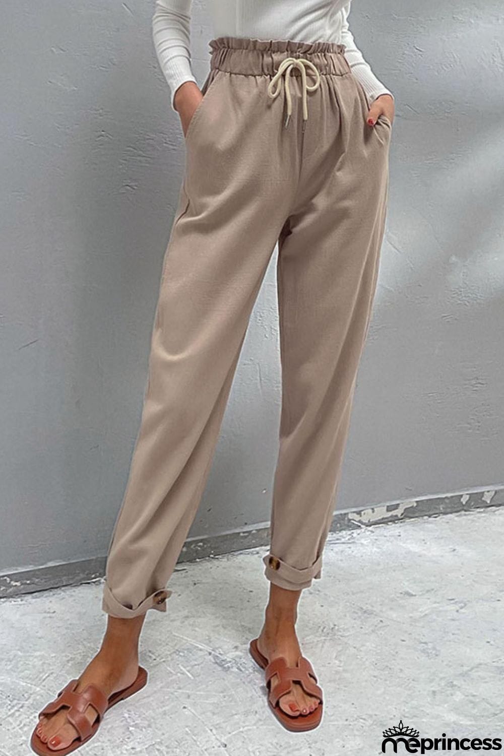 Drawstring Paperbag Waist Button Detail Pants