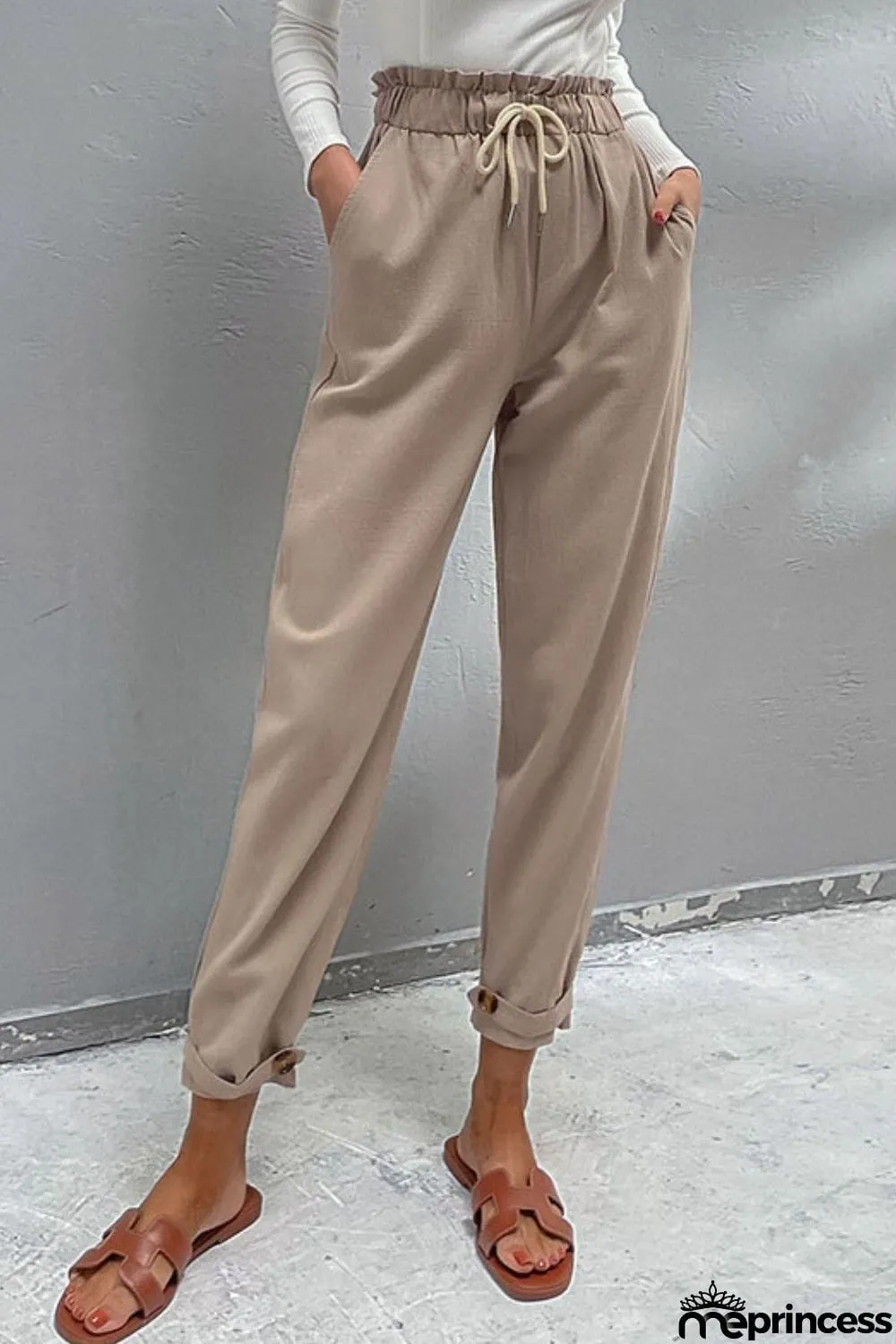 Drawstring Paperbag Waist Button Detail Pants