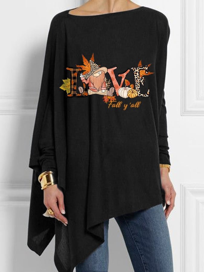 Women's Thanksgiving Love Fall Y'all Print Irregular Top