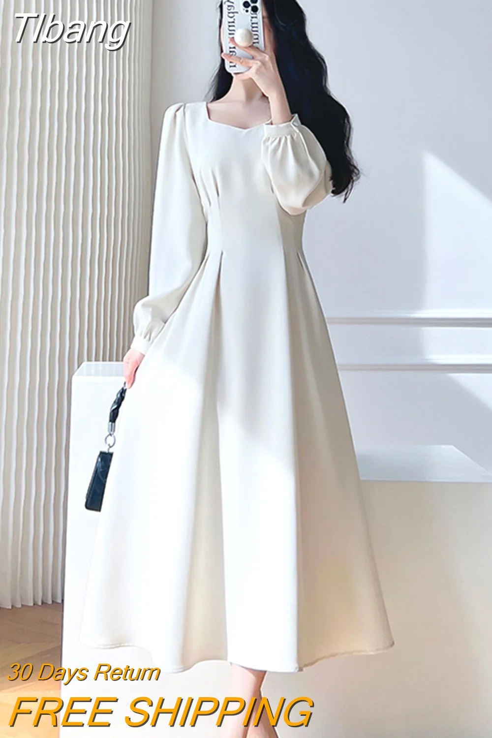 Tlbang Vintage White Midi Dresses for Women 2023 New Autumn Elegant Fashion Square Neck Long Sleeves Bride Wed Female Clothing