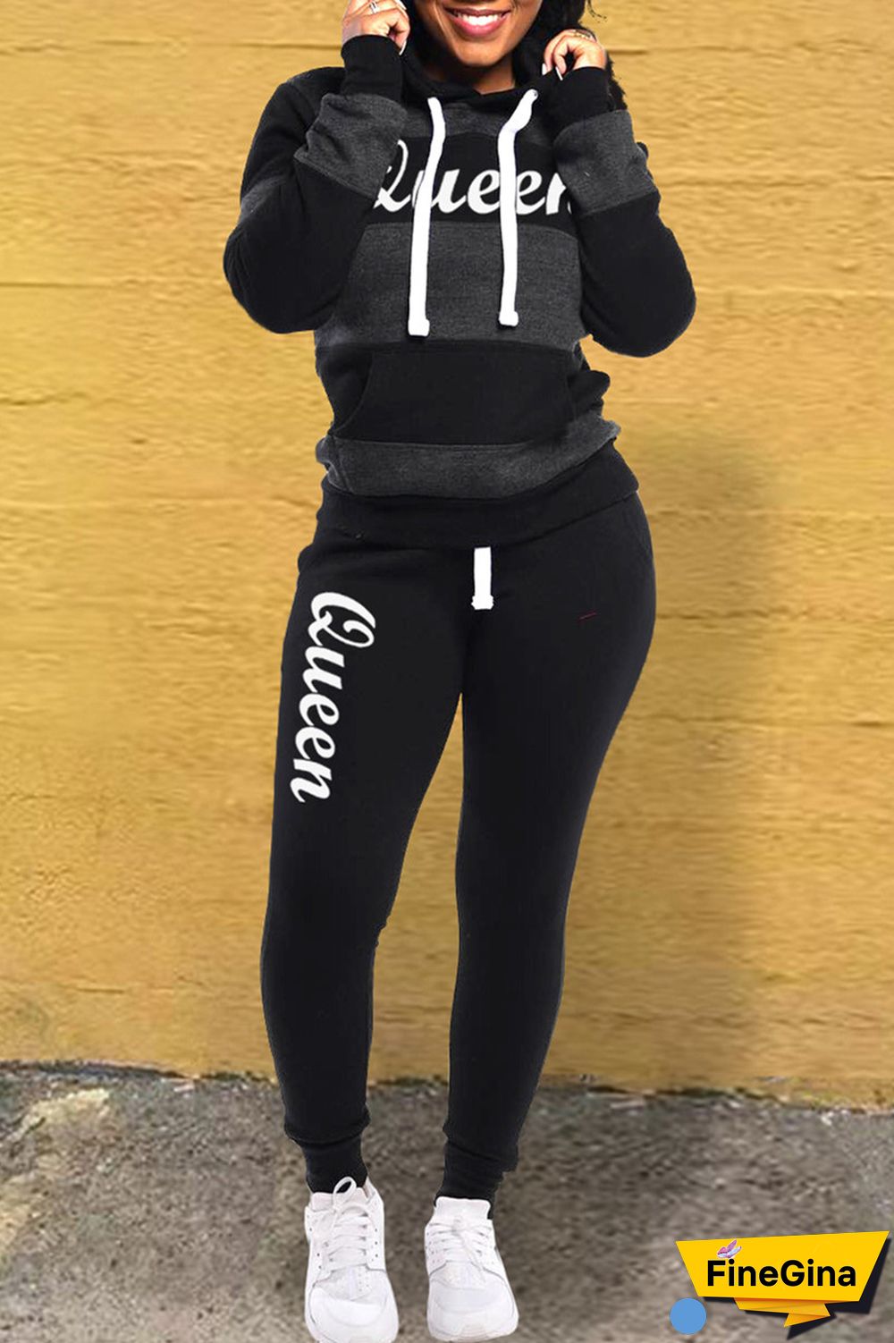 Black Casual Letter Striped Print Patchwork Contrast Hooded Collar Long Sleeve Two Pieces