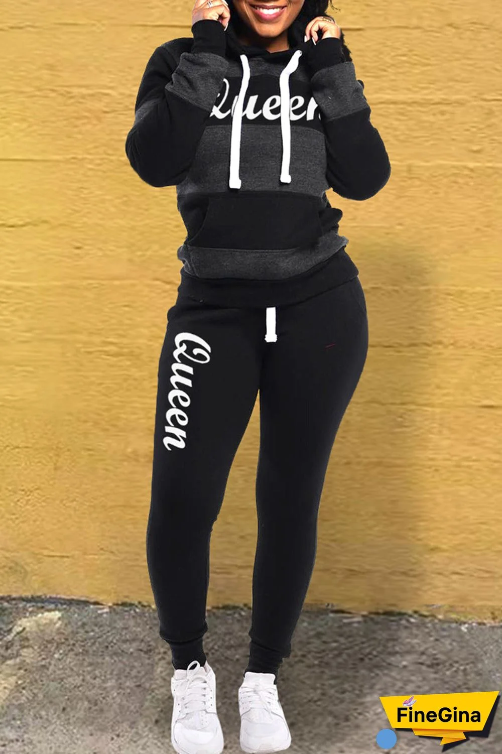 Black Casual Letter Striped Print Patchwork Contrast Hooded Collar Long Sleeve Two Pieces