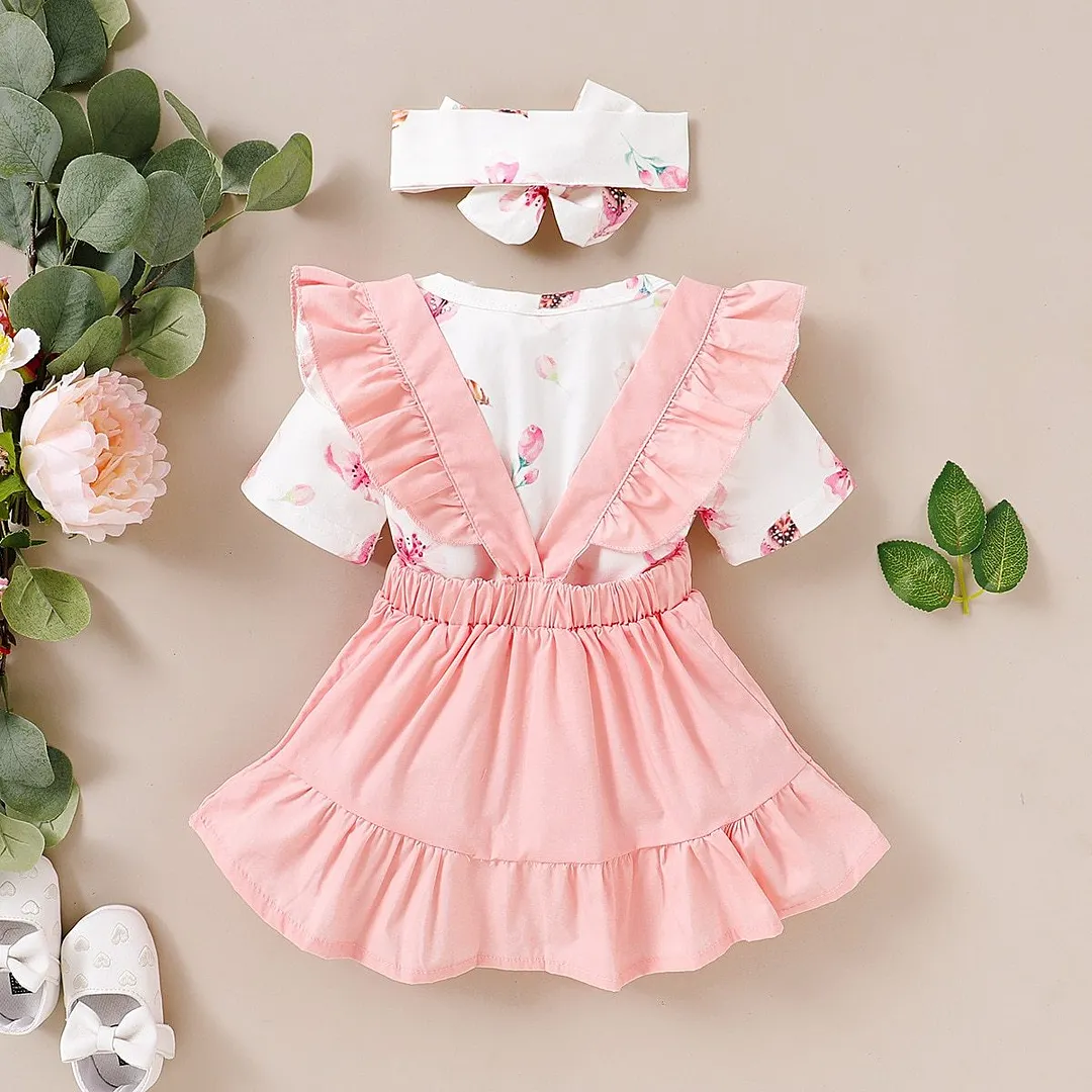 Newborn Infant Baby Girl Skirt 3Pcs Outfit  Suit Fashion Floral Short Sleeve Jumpsuit Solid Color Suspender Skirt and Headband