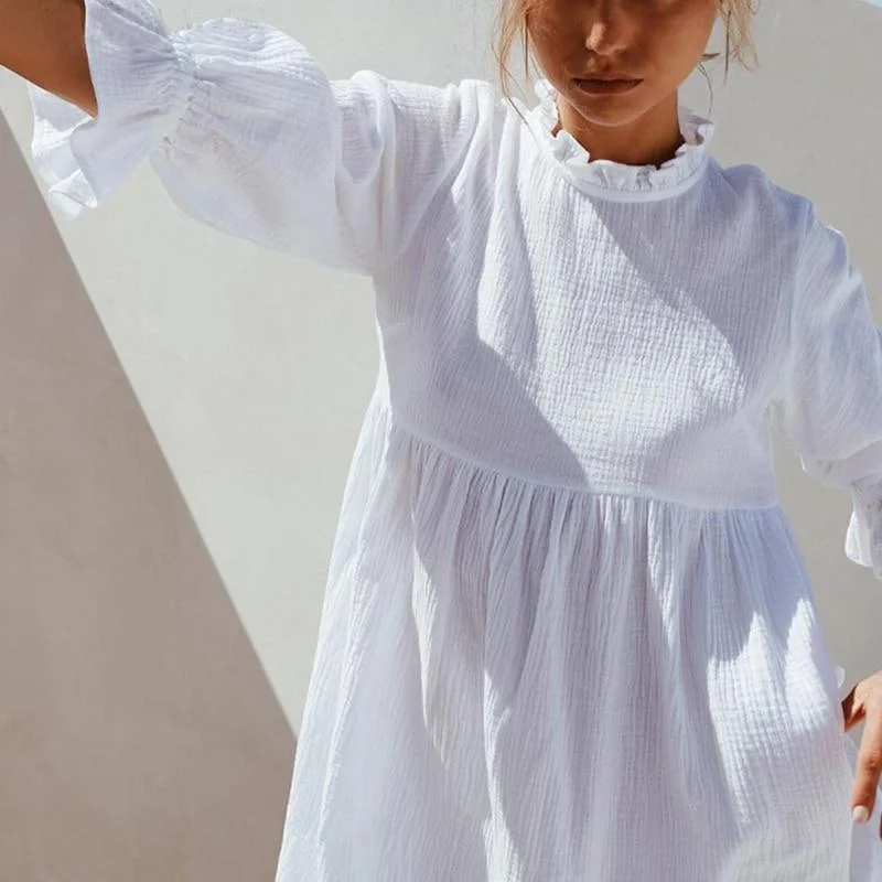 Women Ruffles Elastic Waist Loose Straight White Mini Dresses Half Sleeve Shirt Dress 2020 Summer Fashion Woman Boho Sundress