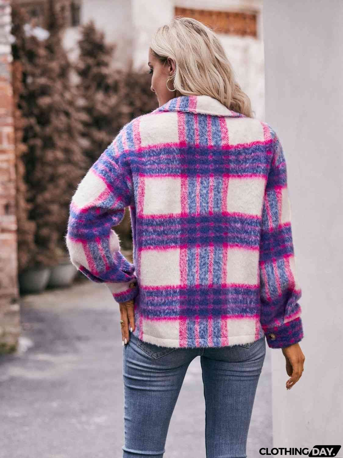 Plaid Dropped Shoulder Collared Jacket