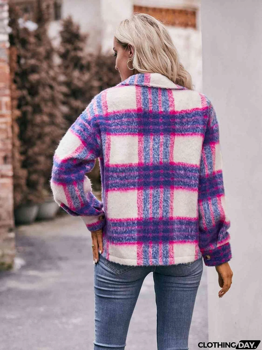 Plaid Dropped Shoulder Collared Jacket