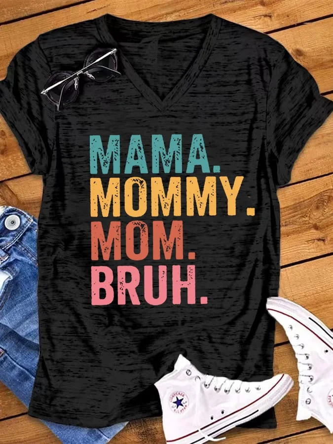 Women's Ma Mama Mom Bruh Print V-Neck Casual T-Shirt socialshop