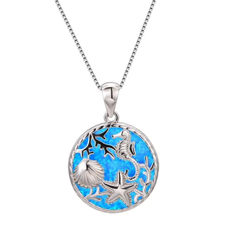 Female Big Sea Star Horse Pendants Necklaces Silver Color Wedding Necklaces For Women Boho Blue Fire Opal Necklace