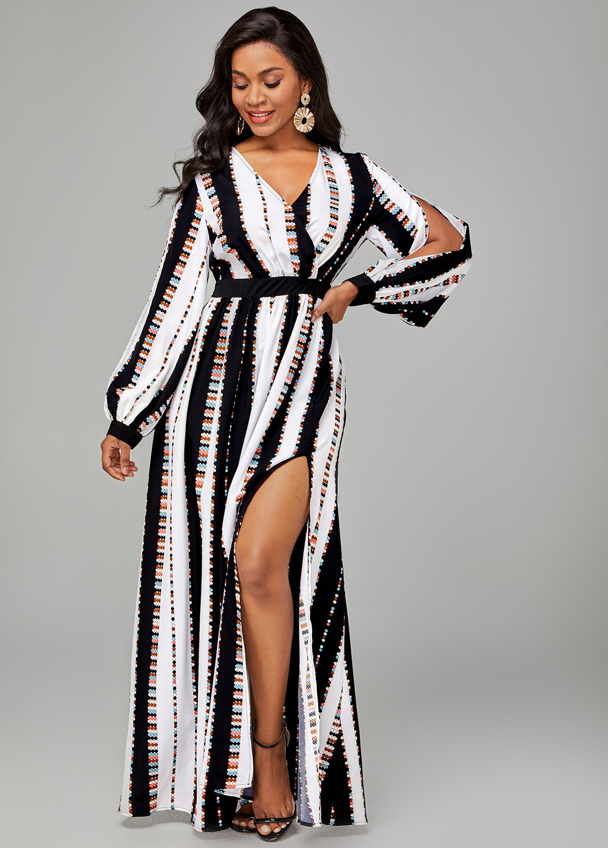 Striped Side Slit Long Sleeve V Neck Dress