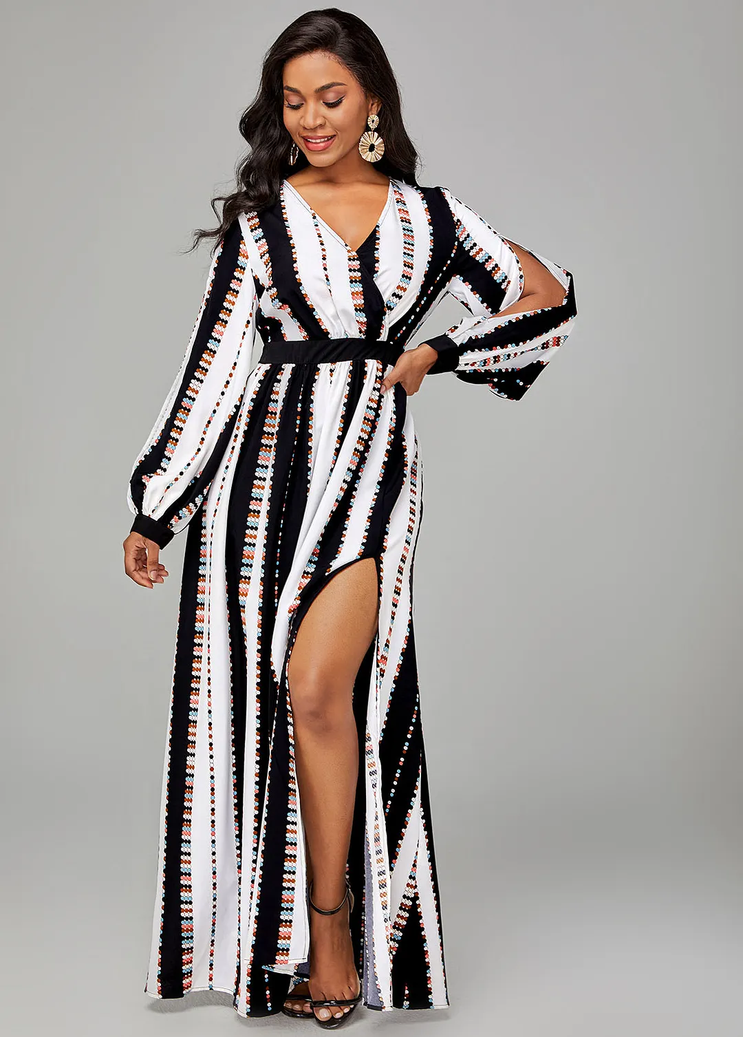 Striped Side Slit Long Sleeve V Neck Dress