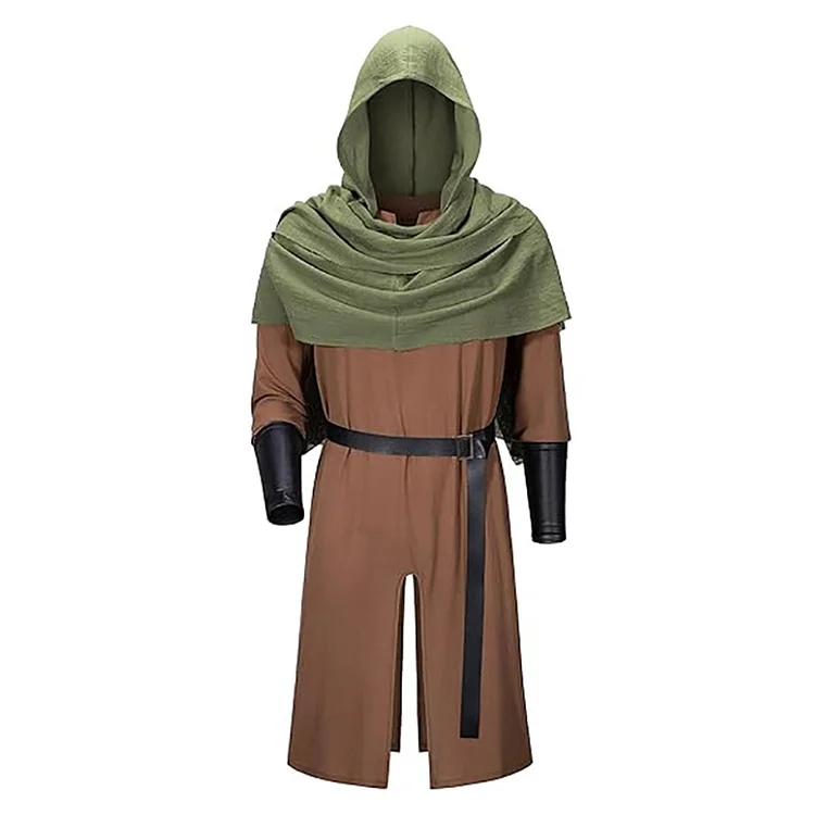 Adult Men Medieval Cavalry Soldier Green Hood Brown Robe Set Outfits Battle Costume Carnival Party Suit