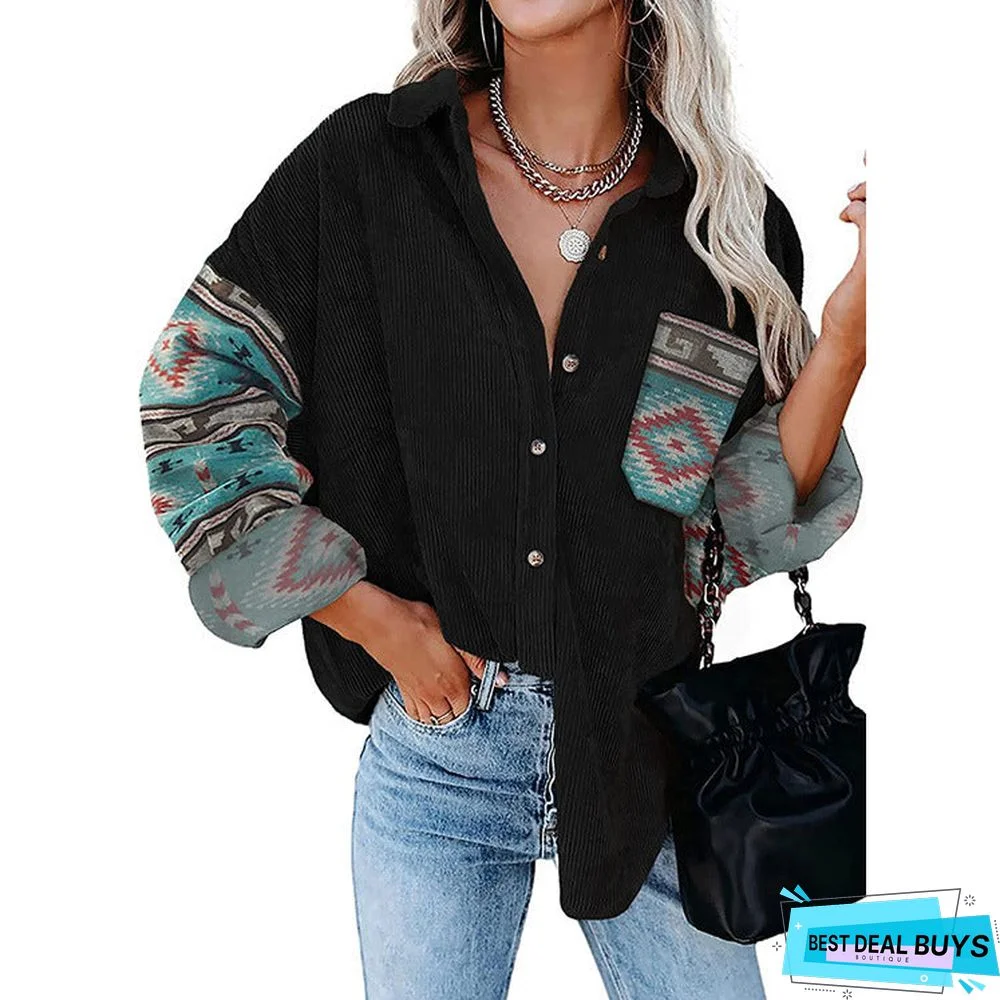 Printed Shirt Long Sleeve Plus Size Women's Coat Lapel Loose Jacket