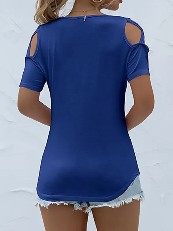 Solid Round Neck Short Sleeve Off-shoulder T-shirt