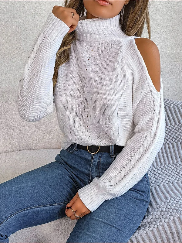 Split-Joint Solid Color Loose Long Sleeves High Neck Sweater Tops