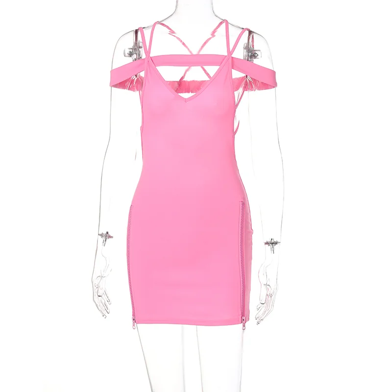 Solid Halter Bandage Slip Zipper Mini Dress Hollow Out Backless Bodycon Sexy Party Elegant Club Slim Y2K Robe
