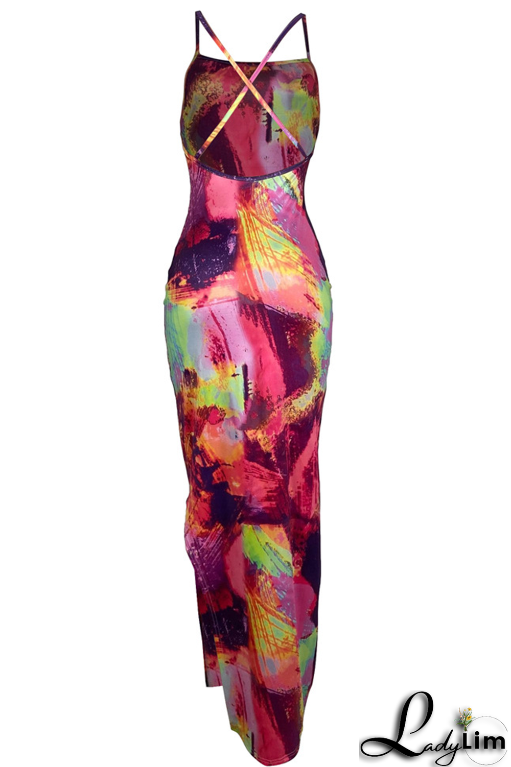 Blue Purple Sexy Print Split Joint Spaghetti Strap Pencil Skirt Dresses