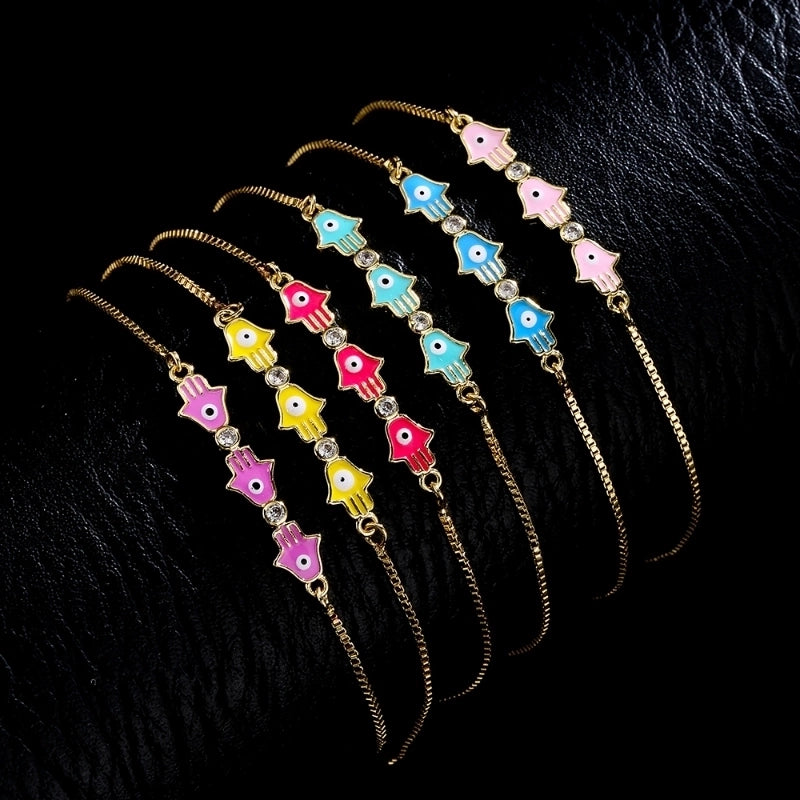 Fashion Copper Plating 18k Gold Zircon Dripping Oil Fatima Hand Adjustable Bracelet