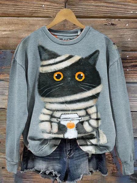 Women's Halloween Art Cat Crew Neck Loose Long Sleeve T-Shirt Sweatshirt