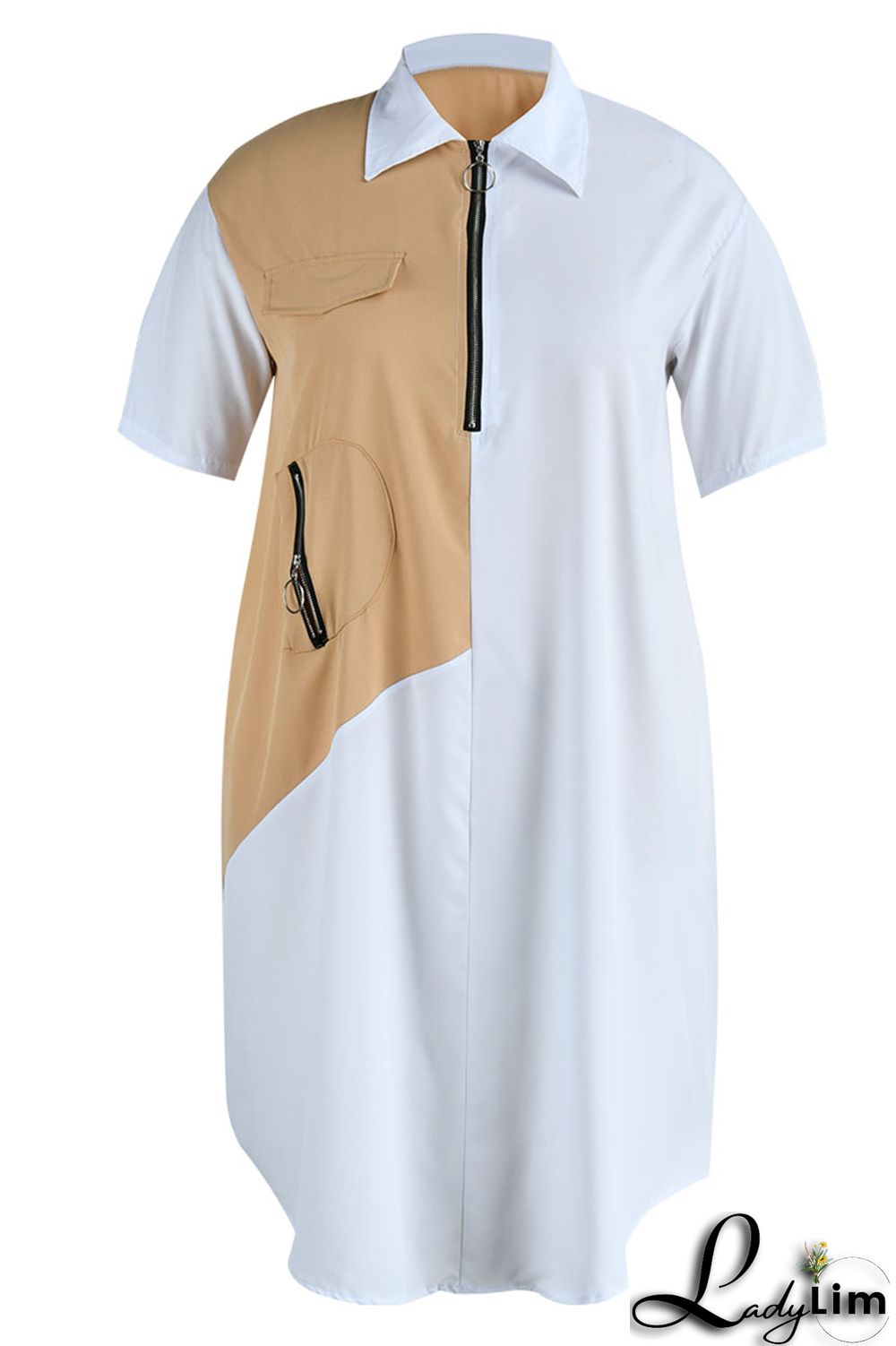 Light Blue Casual Solid Patchwork Zipper Collar Straight Plus Size Dresses