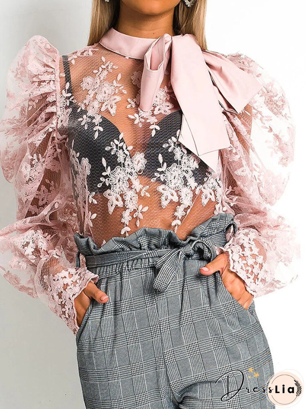 Lace Hollow Out Bowknot Tie Long Puff Sleeve Vintage Blouse