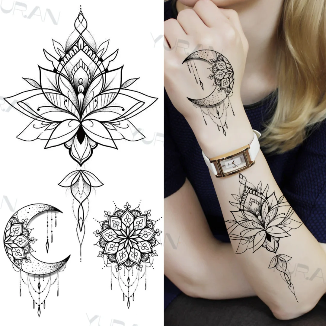 Sdrawing Catcher Rose Flower Temporary Tattoos For Women Adult Henna Moon Feather Owl Fake Tatoos Realistic Sexy Chest Tattoo Paste