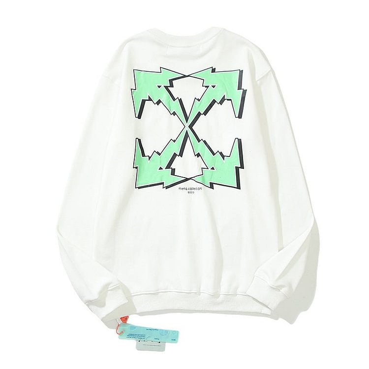 off White Sweatshirts Autumn and Winter Green Lightning Arrow Pattern round Neck Sweater