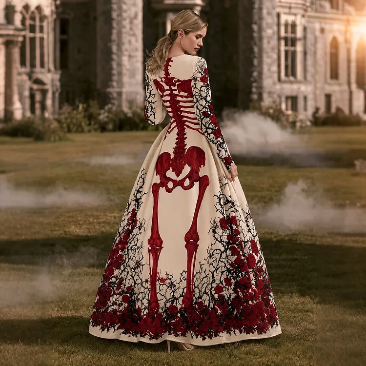 Women's Vintage Halloween Bones And Roses Art Print Long Sleeve Maxi Dress