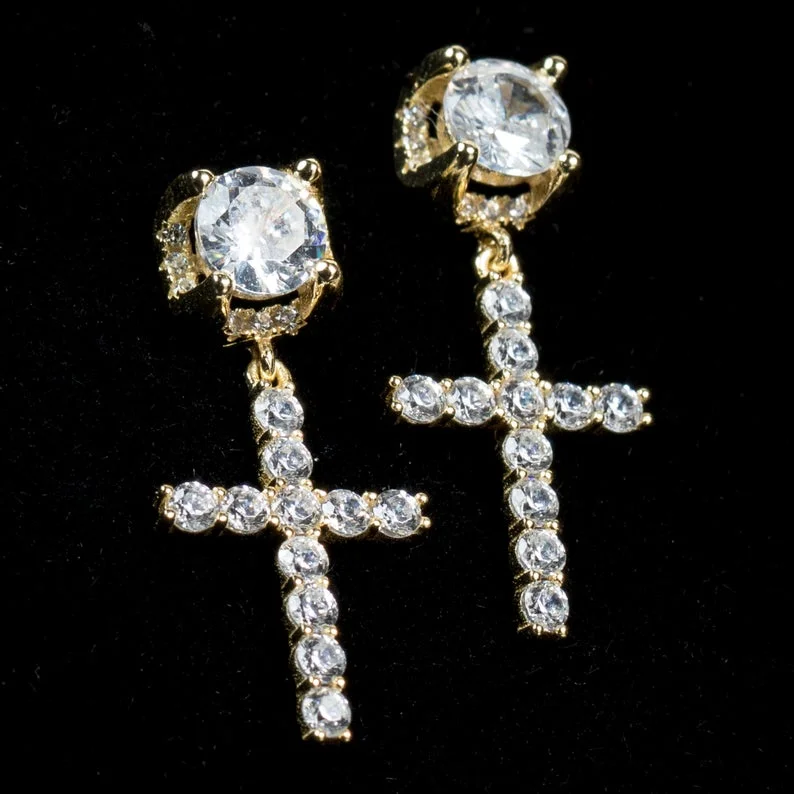 Punk Gold Color Cross Stud Earrings Hip Hop White Litter Rhimestone Jewelry Piercing Studs For Women Or Men Ear Accessories