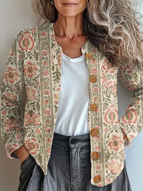 Vintage Flower Art Print Buttoned Cardigan Sweater