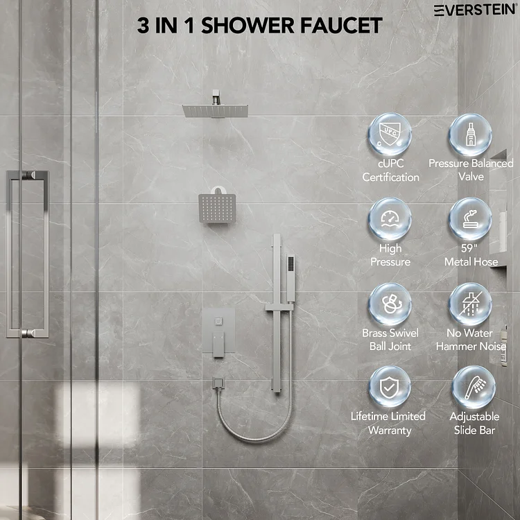 EVERSTEIN 3-Spray Patterns Rain Shower System in Brushed Nickel