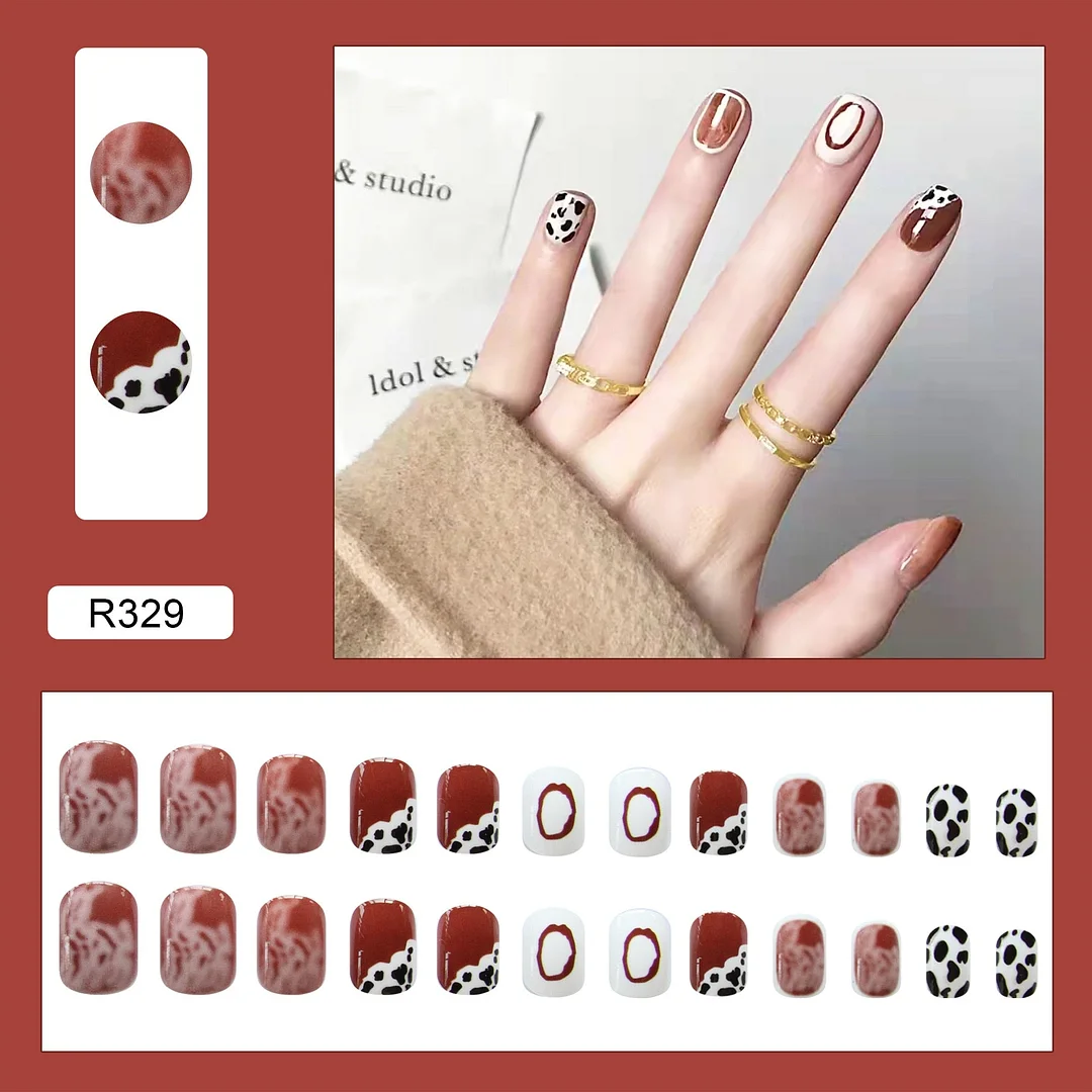 24Pcs/Set French Rhombus Designs False Nail Full Cover Fake Nails with Glue Detachable Wearable DIY Manicure Nail Art Tools-Nail Inspo