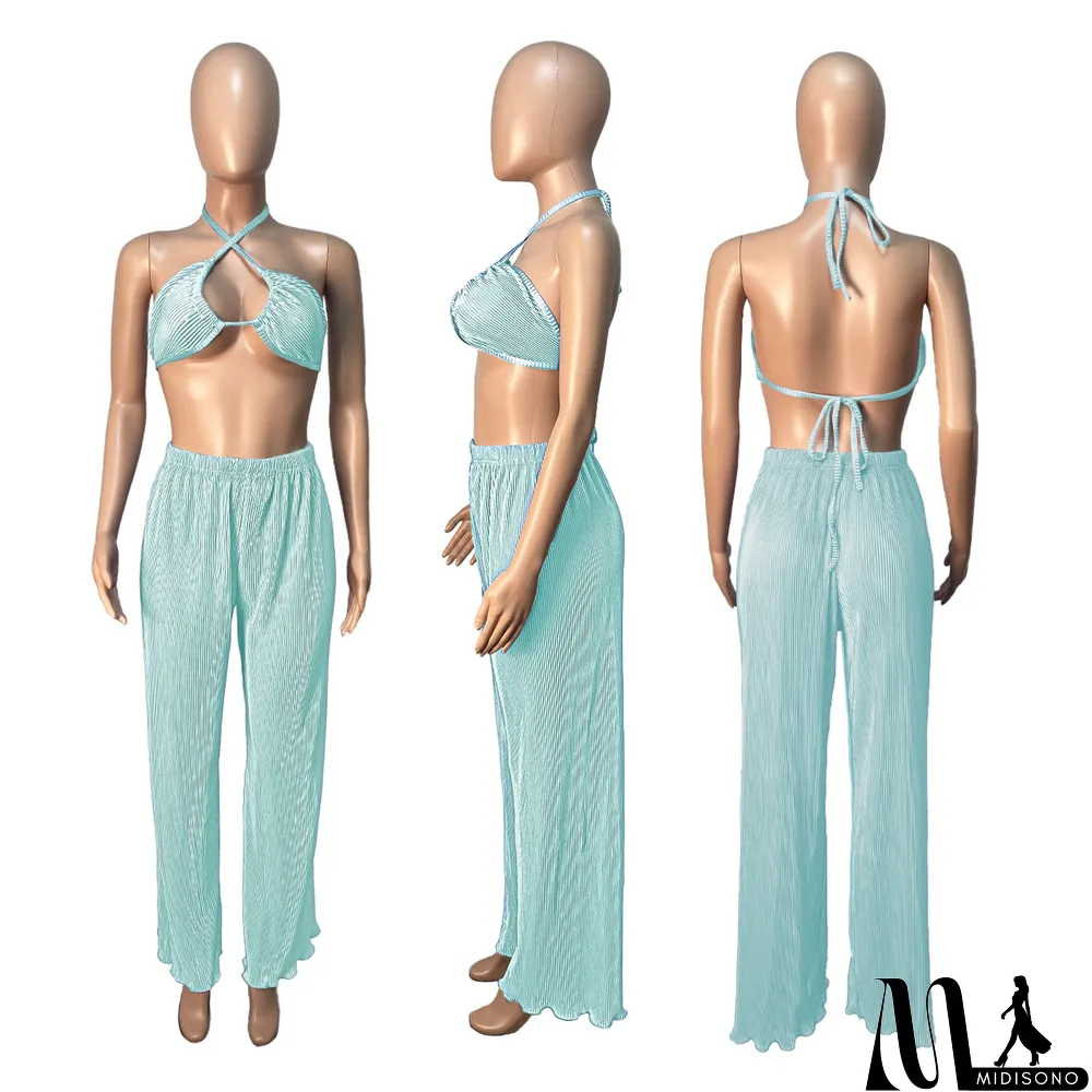 MidiSono - Fall Solid Color Wide Leg Pants Three-Piece Set