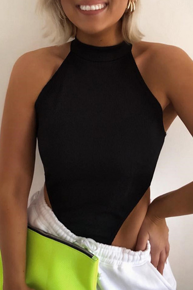 Black Sexy Solid Split Joint O Neck Skinny Jumpsuits